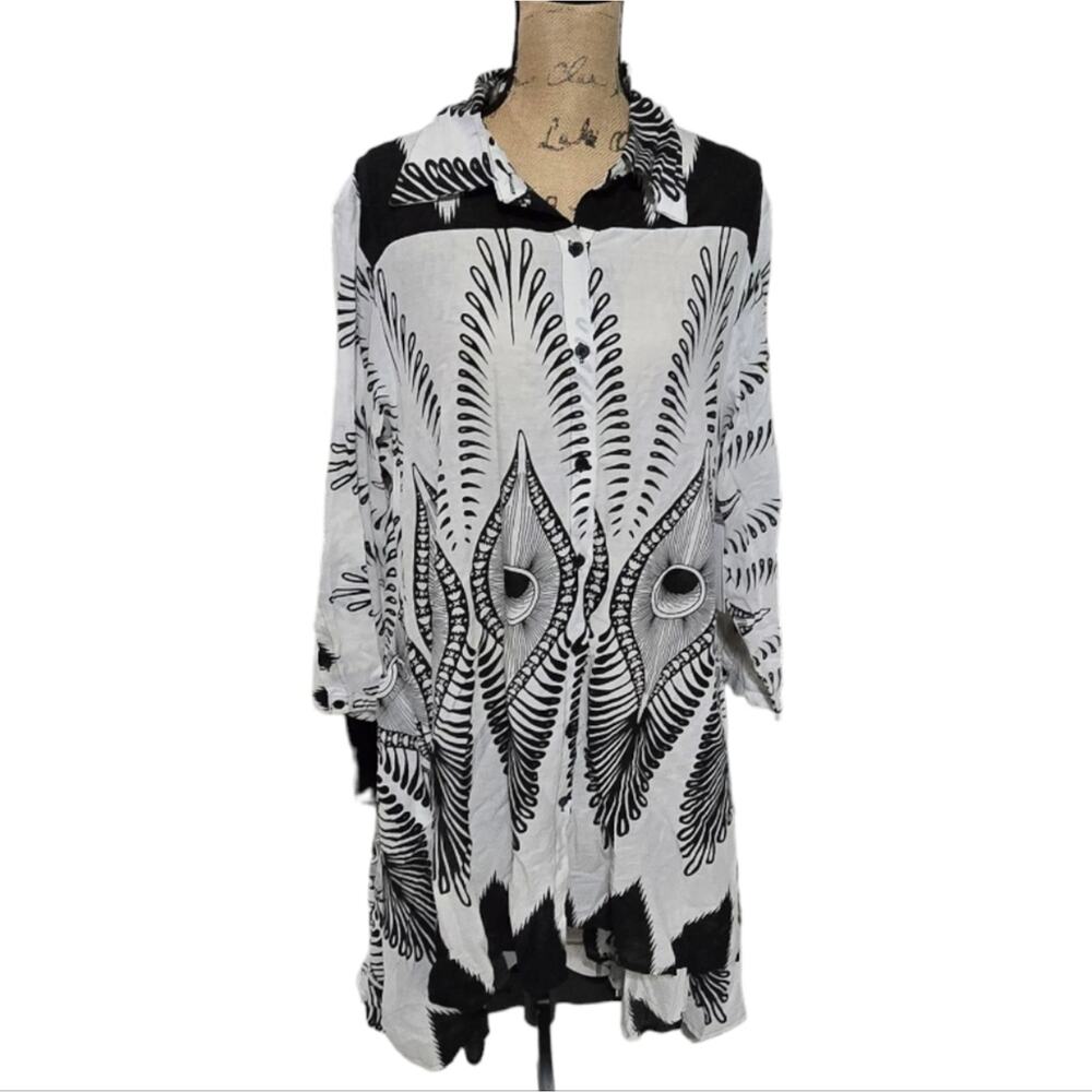 Step in Style Black & White Peacock Feather Print Asymmetrical Hem Dress Plus 2X